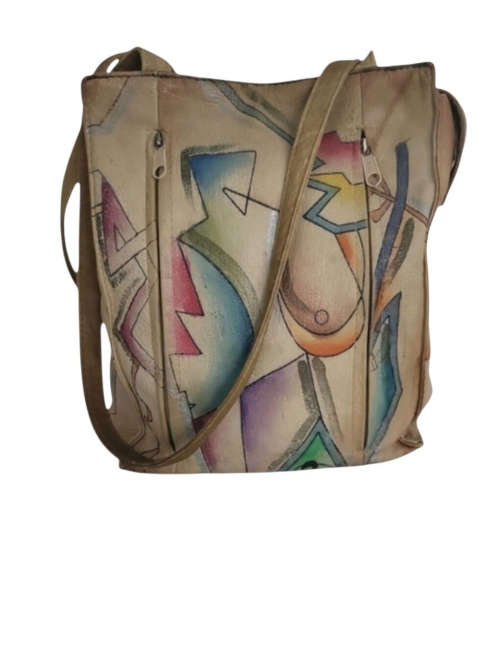 Vintage Sam Sam Hand Painted Leather Shoulder Bag Geometric Abstract Art